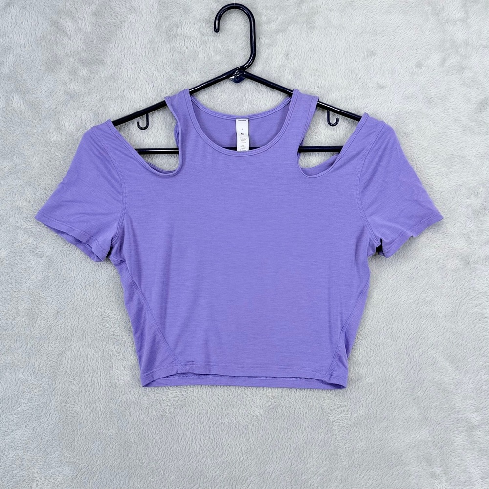 Lululemon Shoulder Cut Out Yoga Shirt Womens 4 Purple Silk Blend Cropped Tee